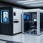 **A high-tech security checkpoint with facial recognition scanning authorized personnel entering a research lab filled with advanced equipment. Focus on the feeling of advanced security and controlled access.**