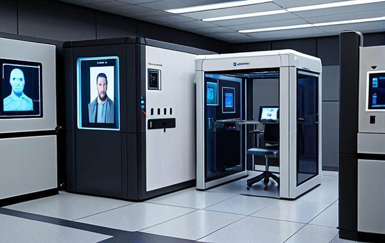 **A high-tech security checkpoint with facial recognition scanning authorized personnel entering a research lab filled with advanced equipment. Focus on the feeling of advanced security and controlled access.**