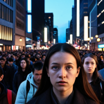 **

Prompt: "A cityscape at dusk, showcasing facial recognition technology scanning crowds. Highlight ethical concerns with a subtle contrast of light and shadow. Incorporate elements of digital privacy in the background, such as blurred faces or encrypted data streams. The overall mood should be thought-provoking and slightly unsettling."

**