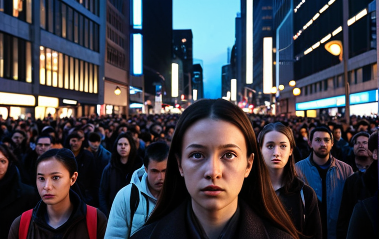 **
Prompt: "A cityscape at dusk, showcasing facial recognition technology scanning crowds. Highlight ethical concerns with a subtle contrast of light and shadow. Incorporate elements of digital privacy in the background, such as blurred faces or encrypted data streams. The overall mood should be thought-provoking and slightly unsettling."
**
