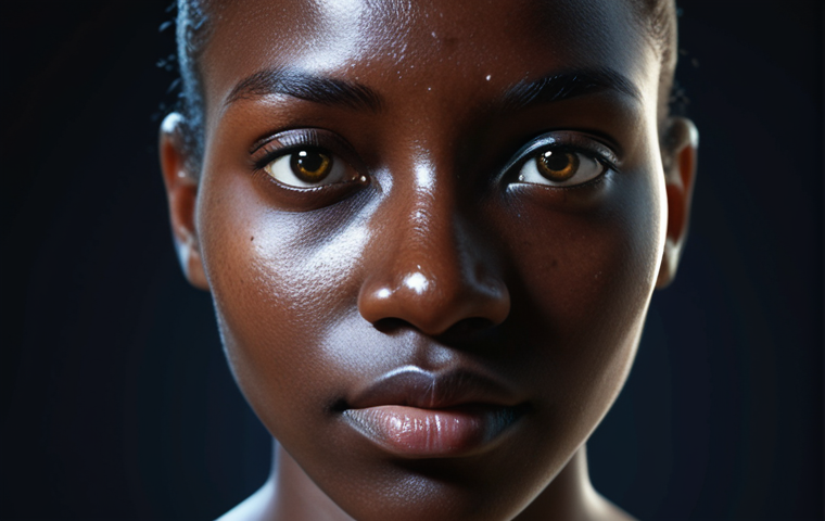 **Facial Recognition Bias:** A blurred, shadowy figure of a person with dark skin being wrongly identified by a glowing, futuristic facial recognition system. The system highlights errors. Algorithmic bias concept.