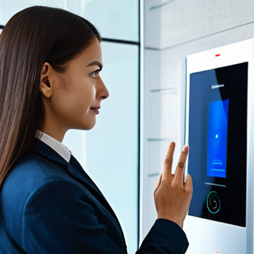 Home 9 A professional businessperson in a modest, modern business suit, standing in front of a sleek, futuristic facial recognition scanner at the entrance of a secure corporate building. The scanner emits a soft, discreet light as the person's face is subtly analyzed, emphasizing high-tech security and seamless access. The environment is clean, well-lit, and minimalist. Fully clothed, appropriate attire, professional dress, safe for work, perfect anatomy, correct proportions, natural pose, well-formed hands, proper finger count, professional photography, high quality image, appropriate content.