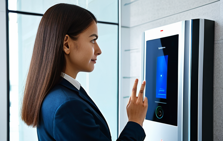 A professional businessperson in a modest, modern business suit, standing in front of a sleek, futuristic facial recognition scanner at the entrance of a secure corporate building. The scanner emits a soft, discreet light as the person's face is subtly analyzed, emphasizing high-tech security and seamless access. The environment is clean, well-lit, and minimalist. Fully clothed, appropriate attire, professional dress, safe for work, perfect anatomy, correct proportions, natural pose, well-formed hands, proper finger count, professional photography, high quality image, appropriate content.