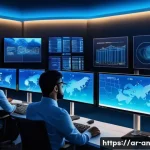 페이스테크의 개발 및 연구 동향 - A high-tech security control room in a modern Middle Eastern city at night, showing diverse professi...