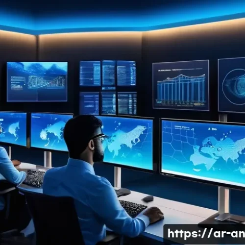 페이스테크의 개발 및 연구 동향 - A high-tech security control room in a modern Middle Eastern city at night, showing diverse professi...