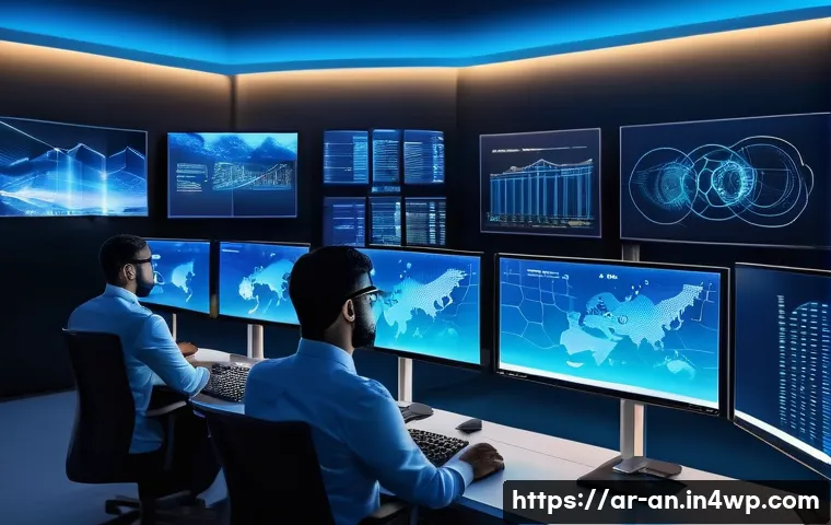 페이스테크의 개발 및 연구 동향 - A high-tech security control room in a modern Middle Eastern city at night, showing diverse professi...