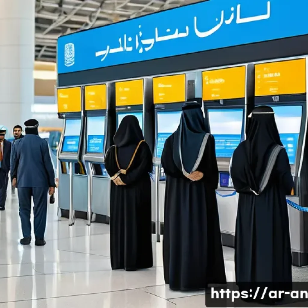 얼굴 인식 기술에 대한 소비자 인식 조사 - A modern Middle Eastern airport security scene featuring diverse Arabic men and women in traditional...