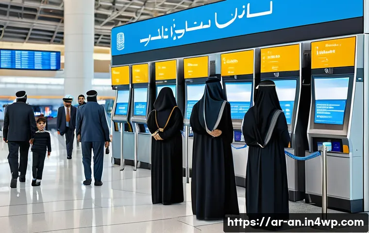 얼굴 인식 기술에 대한 소비자 인식 조사 - A modern Middle Eastern airport security scene featuring diverse Arabic men and women in traditional...