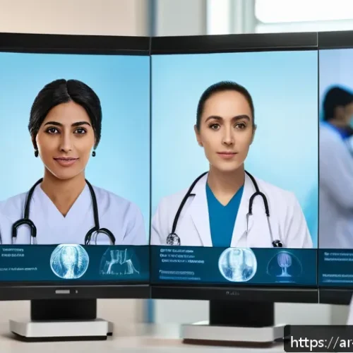 얼굴 인식 기술과 의료 분야의 융합 - A modern hospital setting featuring a diverse group of Arab medical professionals using advanced fac...