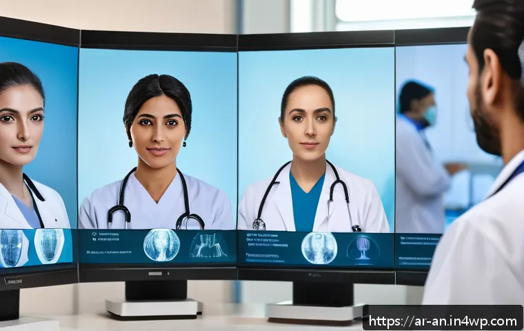얼굴 인식 기술과 의료 분야의 융합 - A modern hospital setting featuring a diverse group of Arab medical professionals using advanced fac...