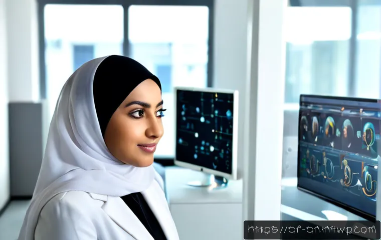 Home 17 페이스테크의 전문 직종 및 인력 수요 - Photorealistic facial recognition engineer in a modern Gulf-region technology laboratory, Arab woman...