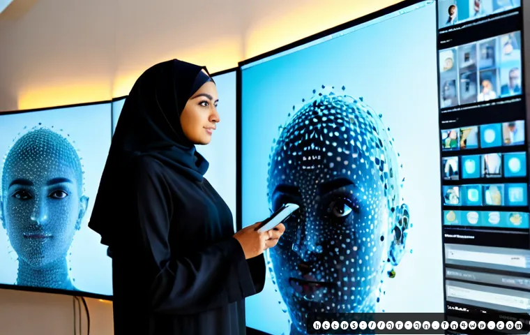 Home 17 딥러닝이 얼굴 인식 기술에 미치는 영향 - Photorealistic modern facial recognition research lab in an Arab Gulf city, a modestly dressed Arab ...